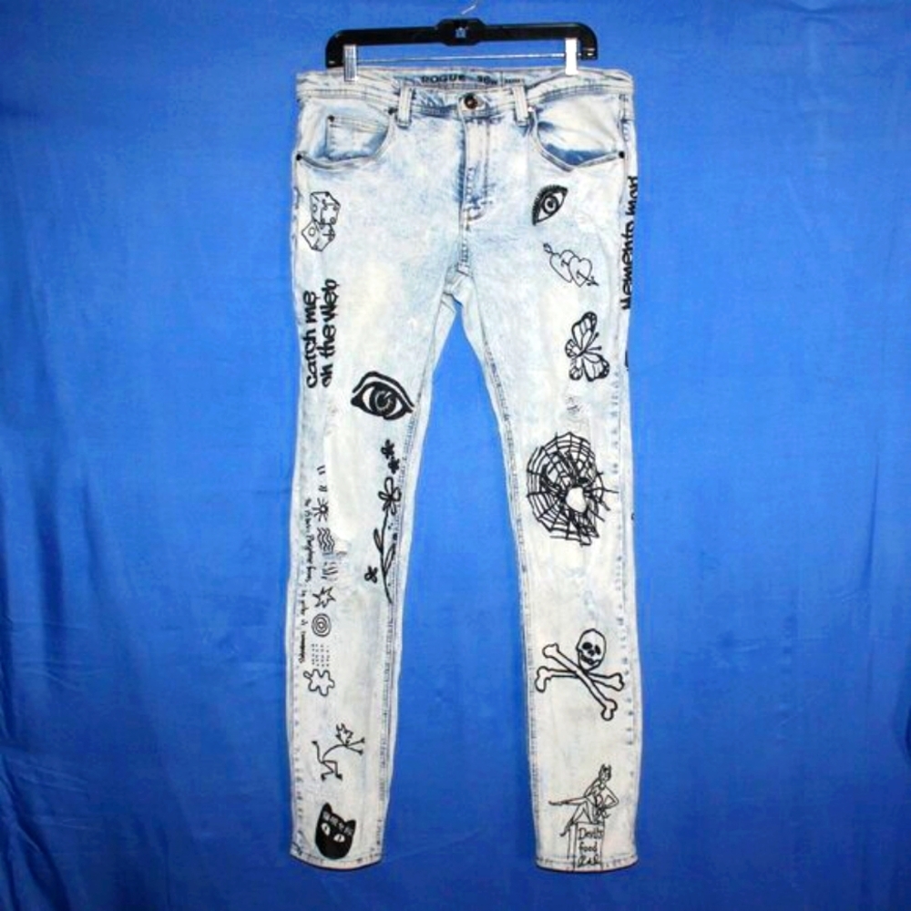 Rogue Skinny Acid Wash Graffiti Jeans 36x33
